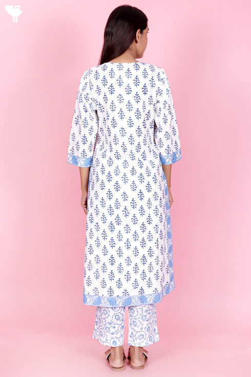 Cambric Cotton Kurta And Pant Set With Kota Dupatta In Block Print