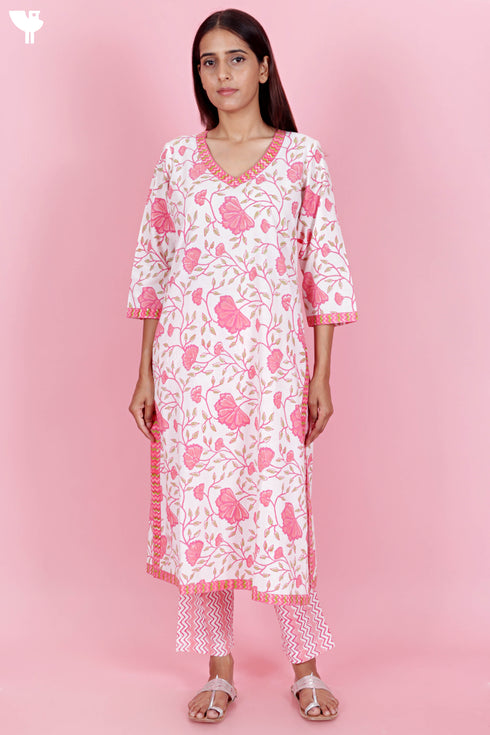 Cotton Kurta And Pant Set With Kota Dupatta In Block Print