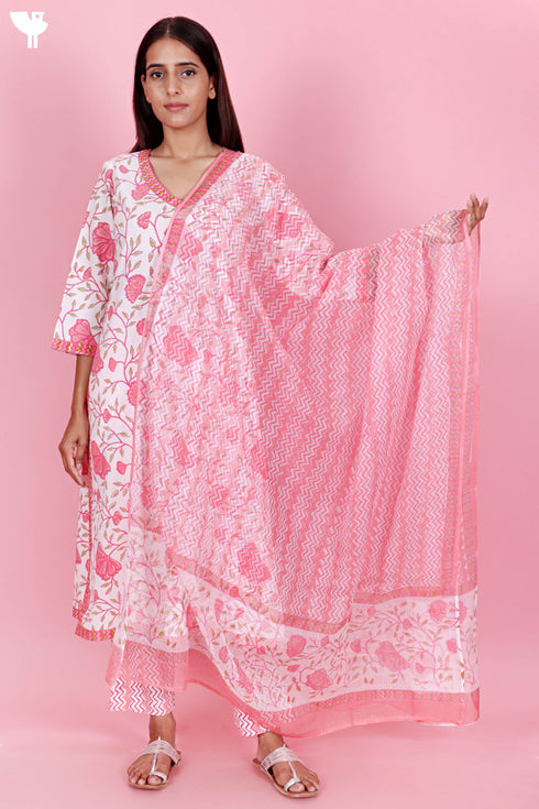 Cotton Kurta And Pant Set With Kota Dupatta In Block Print