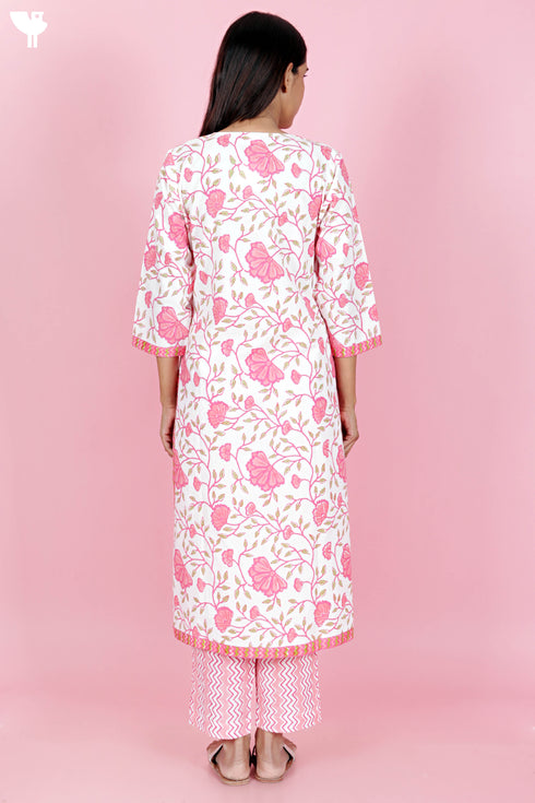 Cotton Kurta And Pant Set With Kota Dupatta In Block Print