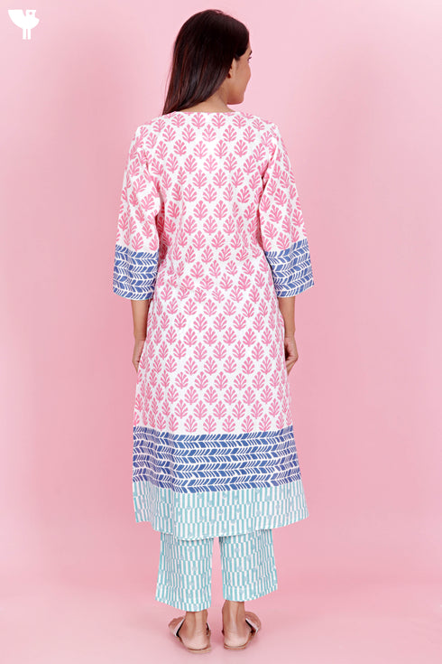 Cambric Cotton Kurta And Pant Set With Kota Dupatta In Block Print