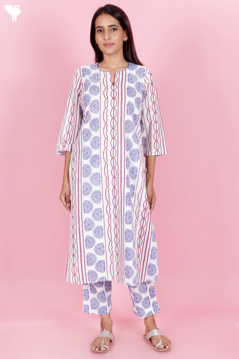 Cotton Kurta And Pant Set With Kota Dupatta In Block Print