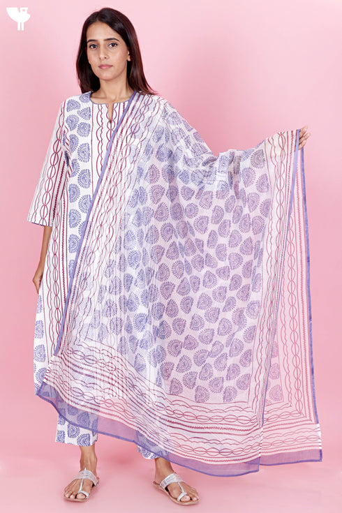 Cotton Kurta And Pant Set With Kota Dupatta In Block Print