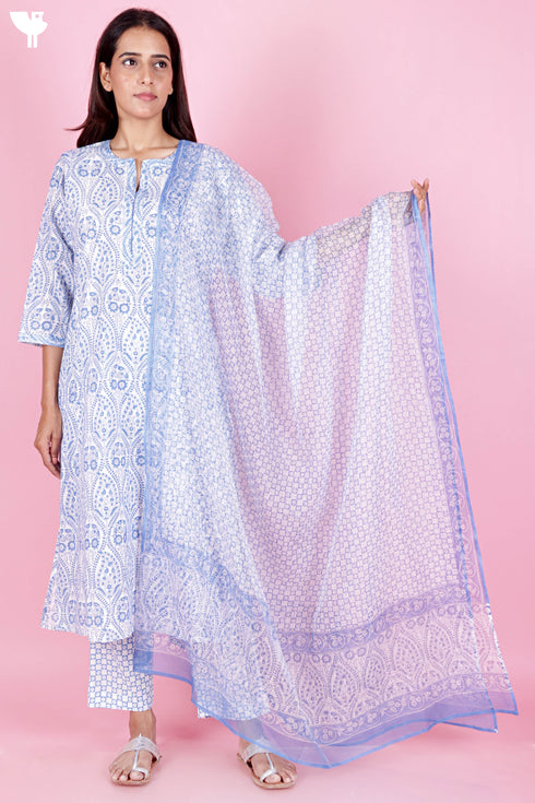 Cambric Cotton Kurta And Pant Set With Kota Dupatta In Block Print