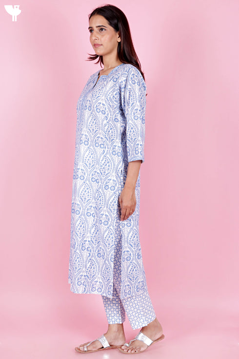 Cambric Cotton Kurta And Pant Set With Kota Dupatta In Block Print