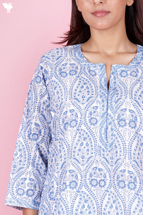 Cambric Cotton Kurta And Pant Set With Kota Dupatta In Block Print