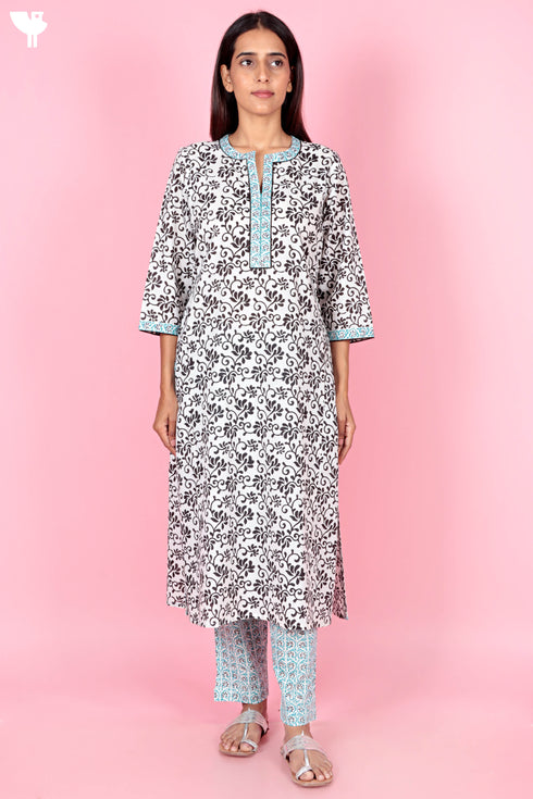 Cotton Kurta And Pant Set With Kota Dupatta In Block Print