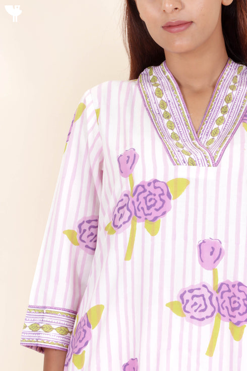 Bizzy Lizzy Cotton Kurta Pant Set With Chiffon Dupatta In Block Print