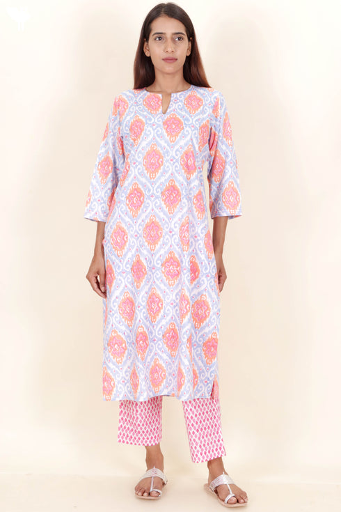 Bizzy Lizzy Kurta Pant Set With Chiffon Dupatta In Block Print