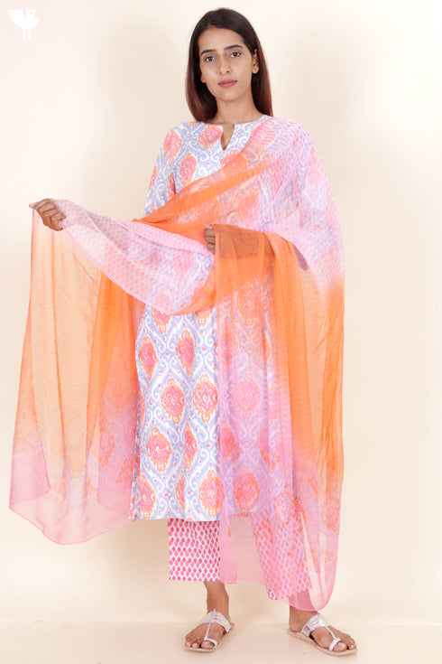 Bizzy Lizzy Kurta Pant Set With Chiffon Dupatta In Block Print