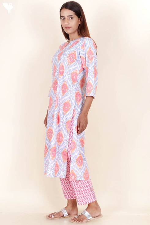 Bizzy Lizzy Kurta Pant Set With Chiffon Dupatta In Block Print