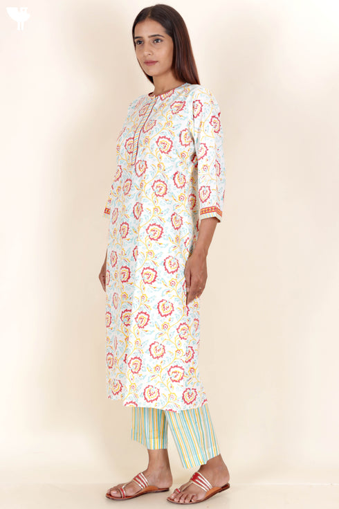Bizzy Lizzy Cotton Kurta Pant Set With Chiffon Dupatta In Block Print