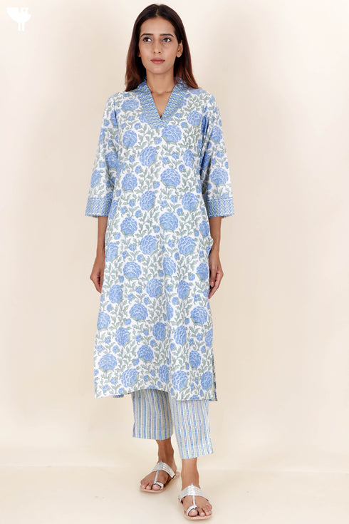 Bizzy Lizzy Cotton Kurta Pant Set With Chiffon Dupatta In Block Print
