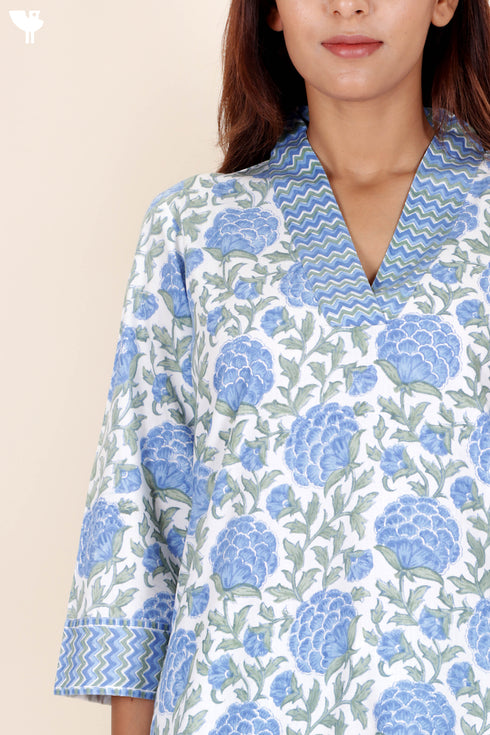 Bizzy Lizzy Cotton Kurta Pant Set With Chiffon Dupatta In Block Print