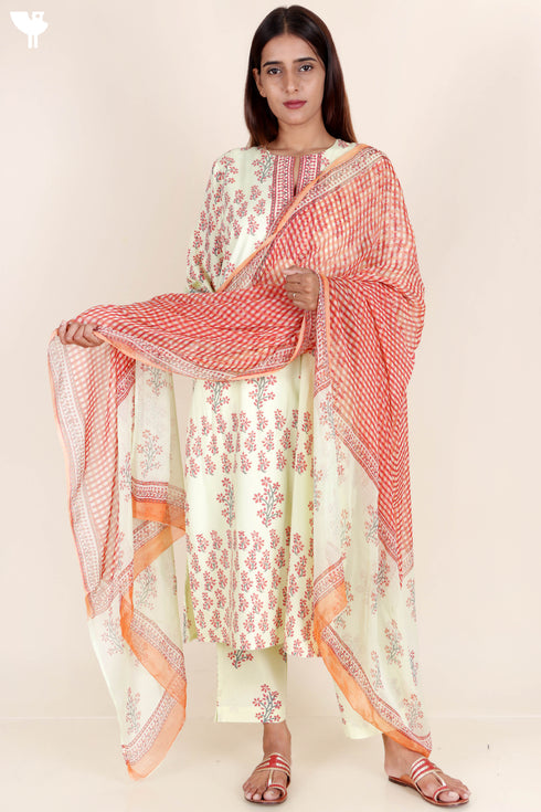 Bizzy Lizzy Cotton Kurta Pant Set With Chiffon Dupatta In Block Print