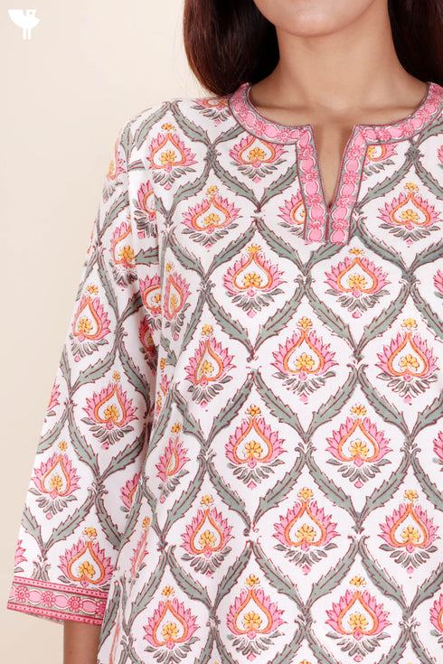 Bizzy Lizzy Cotton Kurta Pant Set With Chiffon Dupatta In Block Print