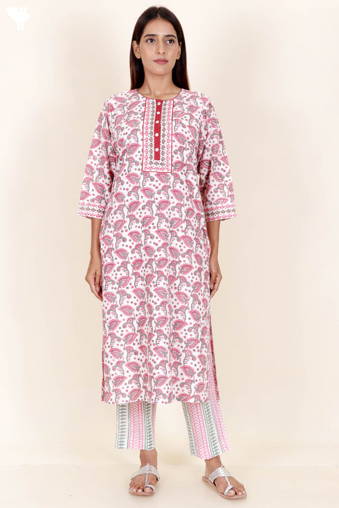 Bizzy Lizzy Cotton Kurta Pant Set With Chiffon Dupatta In Block Print