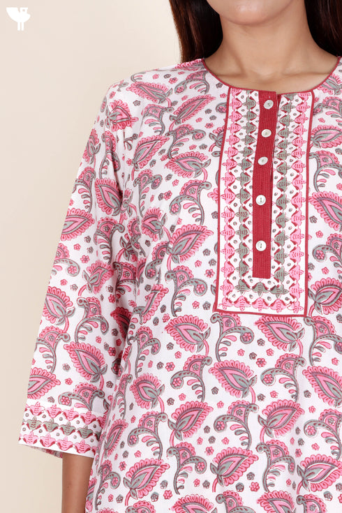 Bizzy Lizzy Cotton Kurta Pant Set With Chiffon Dupatta In Block Print