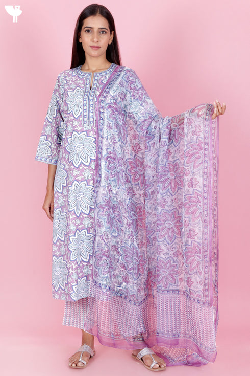 Bizzy Lizzy Cotton Kurta Pant Set With Chiffon Dupatta In Block Print