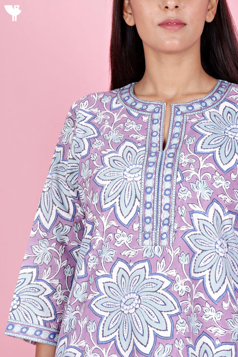 Bizzy Lizzy Cotton Kurta Pant Set With Chiffon Dupatta In Block Print