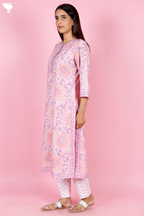 Bizzy Lizzy Cotton Kurta Pant Set With Chiffon Dupatta In Block Print