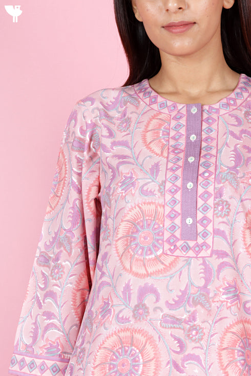 Bizzy Lizzy Cotton Kurta Pant Set With Chiffon Dupatta In Block Print