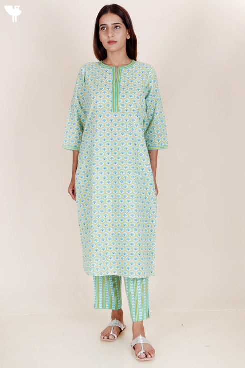 Cotton Kurta And Pant Set In Block Print