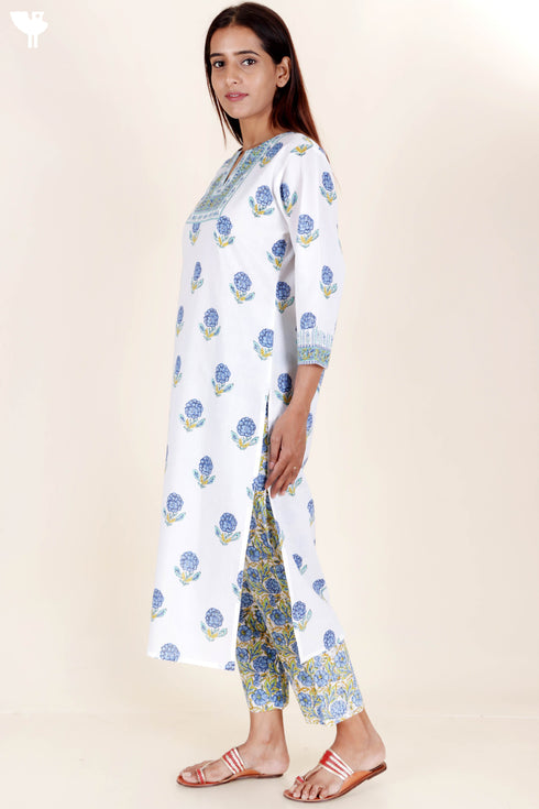 Cambric Cotton Kurta Pant Set With Dupatta In Block Print