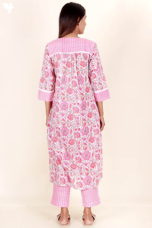 Cotton Kurta Pant Set With Dupatta In Block Print