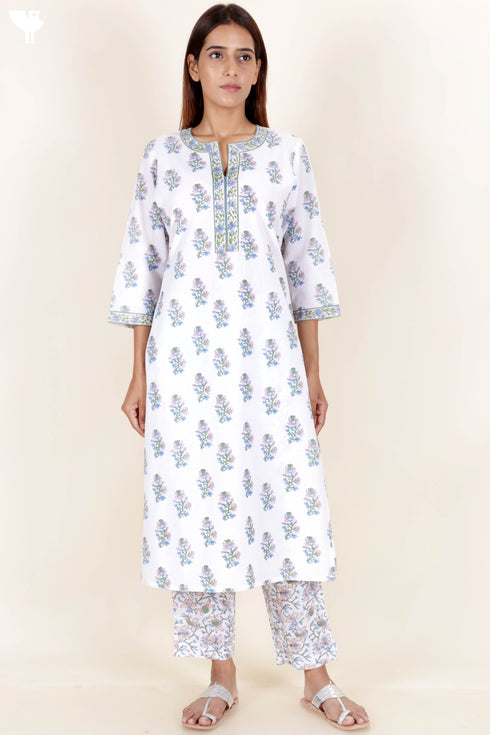 Cotton Kurta Pant Set With Dupatta In Block Print