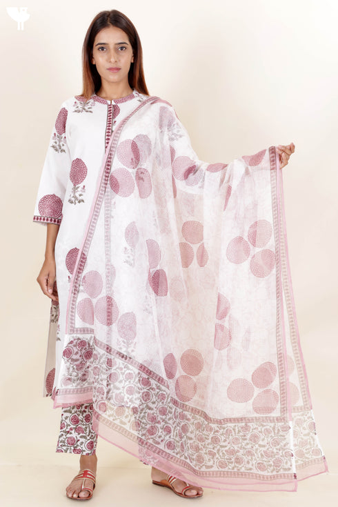 Cotton Kurta Pant Set With Dupatta In Block Print