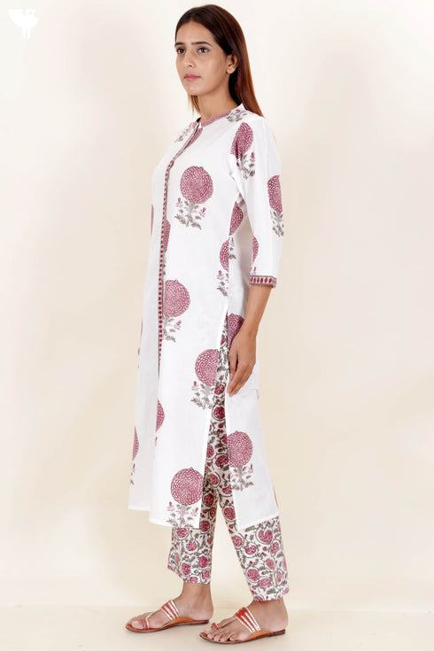 Cotton Kurta Pant Set With Dupatta In Block Print