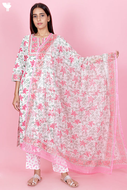 Cotton Kurta Pant Set With Dupatta In Block Print
