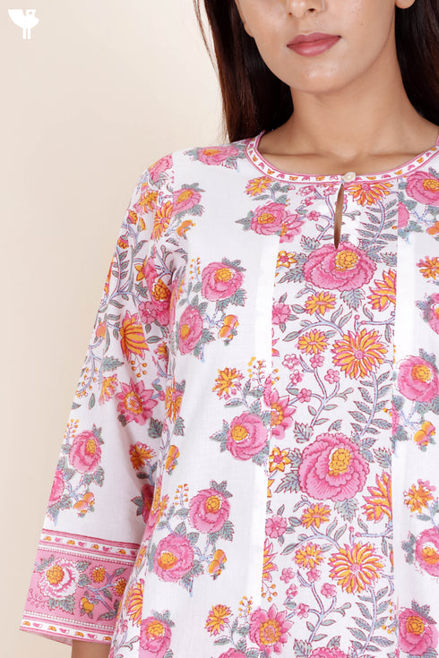 Cambric Cotton Kurta Pant Set With Dupatta In Block Print