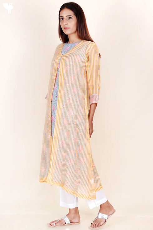 Kota Doria Kurta Pant Set With Dupatta In Block Print