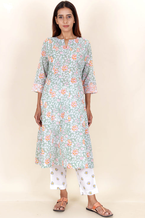 Cotton Kurta Dupatta And Pant Set In Block Print