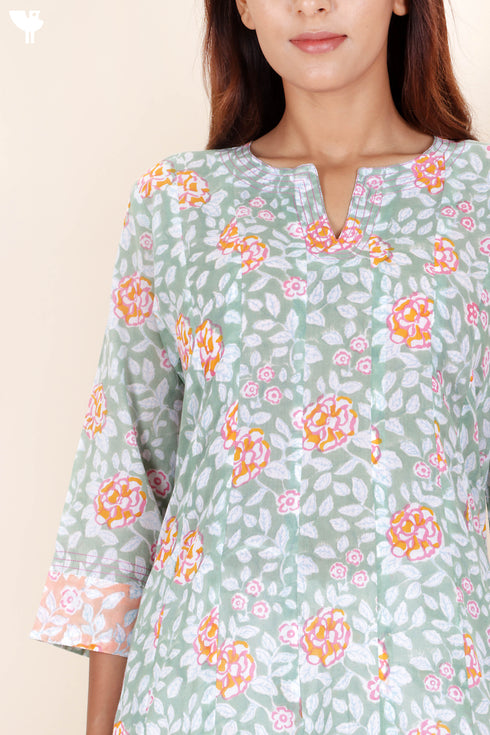 Cotton Kurta Dupatta And Pant Set In Block Print