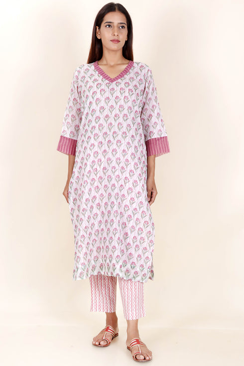 Kota Doria Kurta Pant Set With Dupatta In Block Print