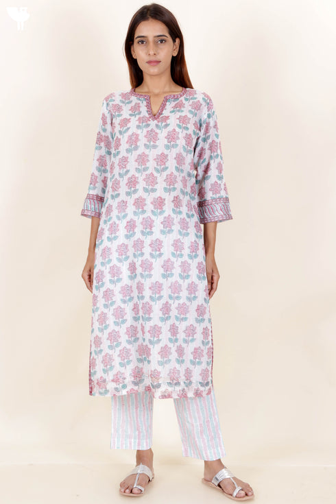 Kota Doria Kurta Pant Set With Dupatta In Block Print