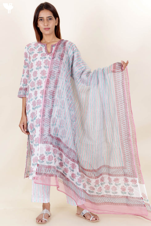 Kota Doria Kurta Pant Set With Dupatta In Block Print