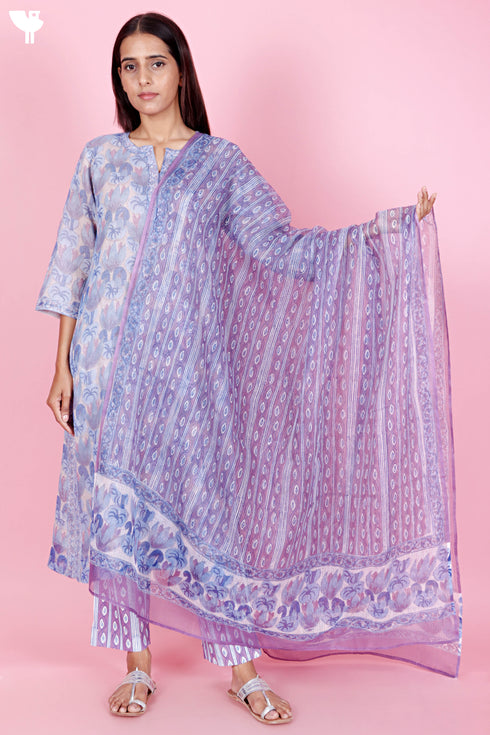 Kota Doria Kurta Pant Set With Dupatta In Block Print