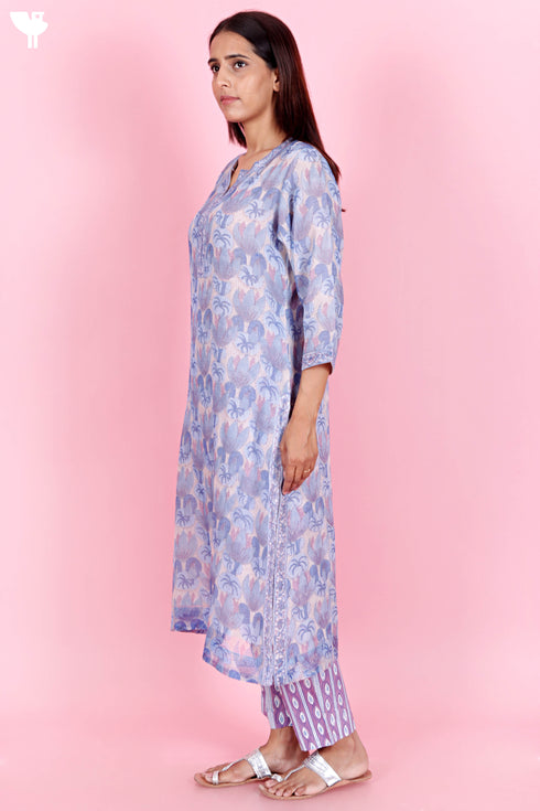 Kota Doria Kurta Pant Set With Dupatta In Block Print
