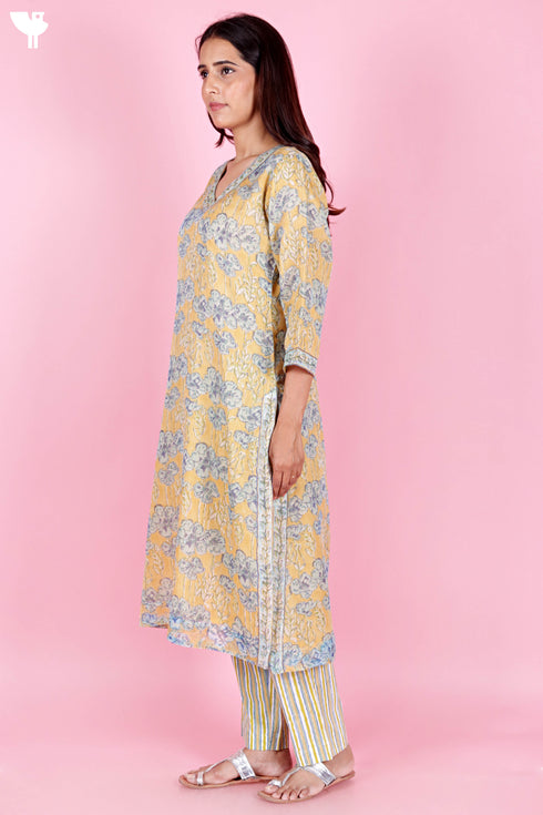 Kota Doria Kurta Pant Set With Dupatta In Block Print