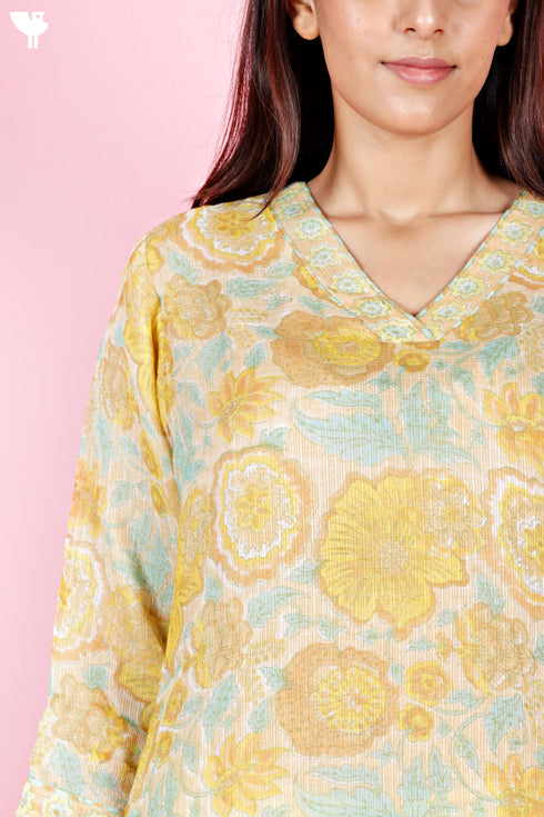 Kota Doria Kurta Pant Set With Dupatta In Block Print