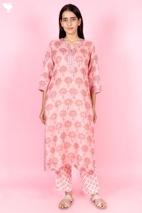 Kota Doria Kurta Pant Set With Dupatta In Block Print