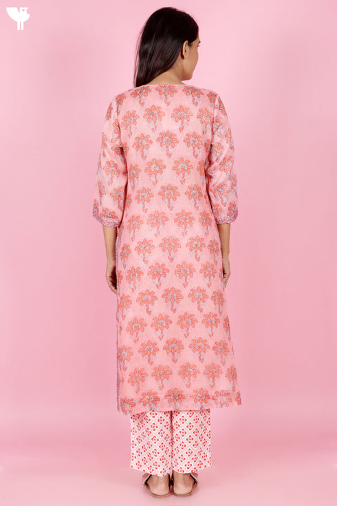 Kota Doria Kurta Pant Set With Dupatta In Block Print