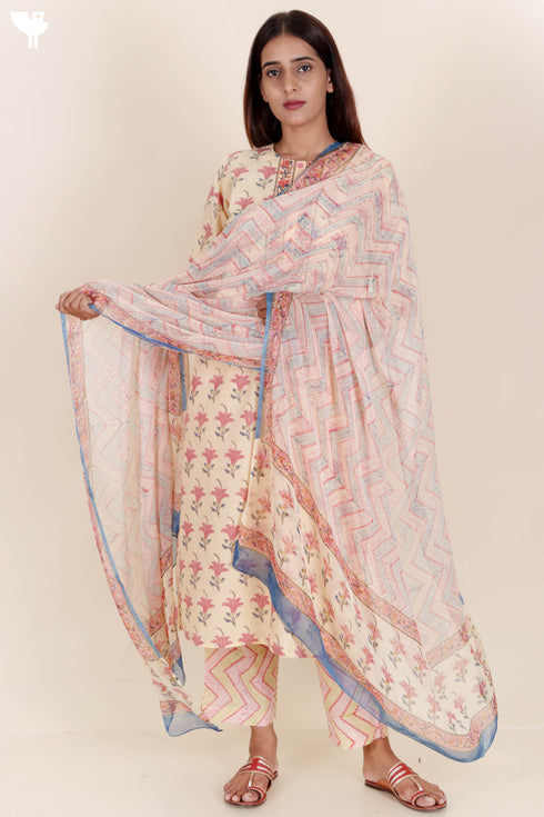 Terry Voile Kurta Pant Set With Dupatta In Block Print