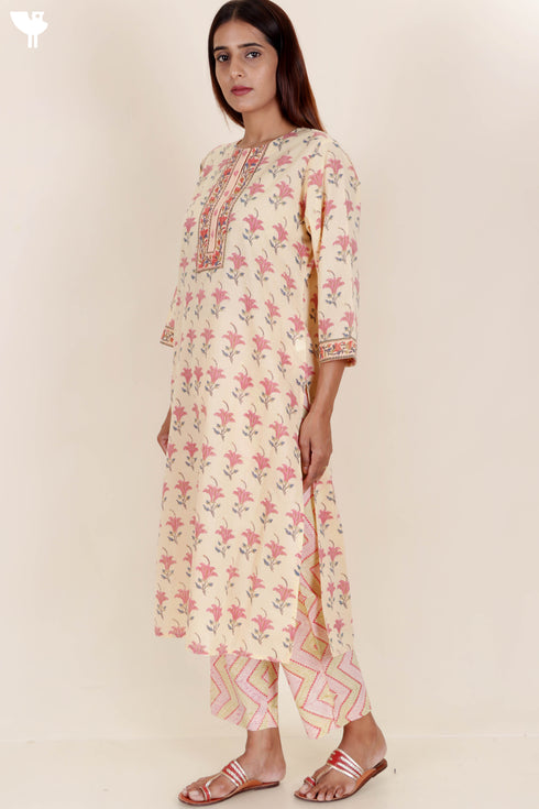 Terry Voile Kurta Pant Set With Dupatta In Block Print