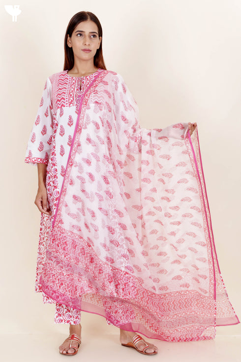 Cotton Kurta And Pant Set With Dupatta In Block Print