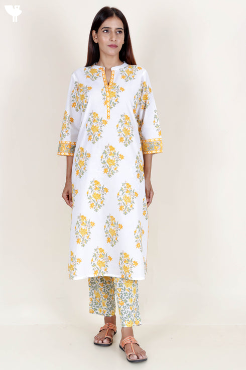 Cotton Kurta And Pant Set With Dupatta In Block Print